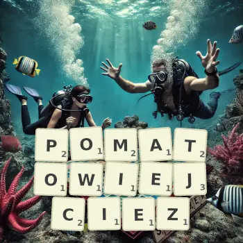 Kreatywna ilustracja do gry w Scrabble ze słowem POMATOWIEJCIEZ ułożonym z płytek na planszy.
