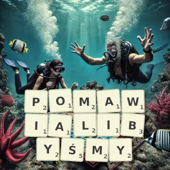 Kreatywna ilustracja do gry w Scrabble ze słowem POMAWIALIBYŚMY ułożonym z płytek na planszy.
