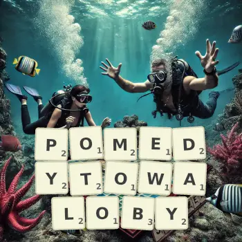 Kreatywna ilustracja do gry w Scrabble ze słowem POMEDYTOWALOBY ułożonym z płytek na planszy.