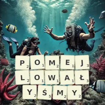 Kreatywna ilustracja do gry w Scrabble ze słowem POMEJLOWAŁYŚMY ułożonym z płytek na planszy.