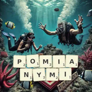 Kreatywna ilustracja do gry w Scrabble ze słowem POMIANYMI ułożonym z płytek na planszy.