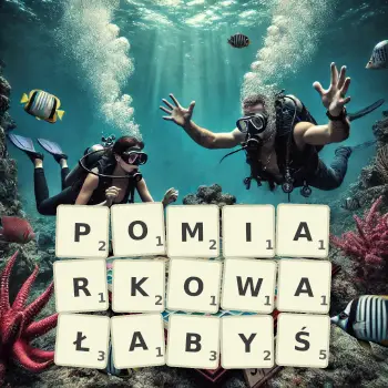 Kreatywna ilustracja do gry w Scrabble ze słowem POMIARKOWAŁABYŚ ułożonym z płytek na planszy.