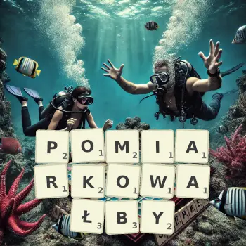 Kreatywna ilustracja do gry w Scrabble ze słowem POMIARKOWAŁBY ułożonym z płytek na planszy.
