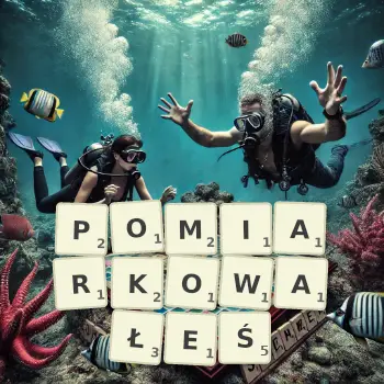 Kreatywna ilustracja do gry w Scrabble ze słowem POMIARKOWAŁEŚ ułożonym z płytek na planszy.