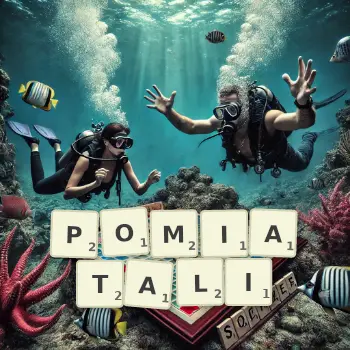 Kreatywna ilustracja do gry w Scrabble ze słowem POMIATALI ułożonym z płytek na planszy.