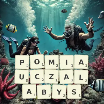 Kreatywna ilustracja do gry w Scrabble ze słowem POMIAUCZALABYS ułożonym z płytek na planszy.