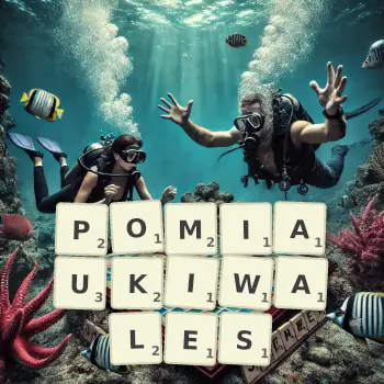 Kreatywna ilustracja do gry w Scrabble ze słowem POMIAUKIWALES ułożonym z płytek na planszy.