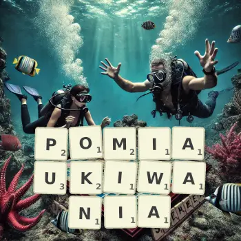 Kreatywna ilustracja do gry w Scrabble ze słowem POMIAUKIWANIA ułożonym z płytek na planszy.