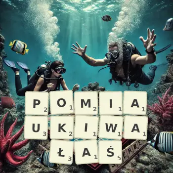 Kreatywna ilustracja do gry w Scrabble ze słowem POMIAUKIWAŁAŚ ułożonym z płytek na planszy.