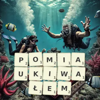 Kreatywna ilustracja do gry w Scrabble ze słowem POMIAUKIWAŁEM ułożonym z płytek na planszy.