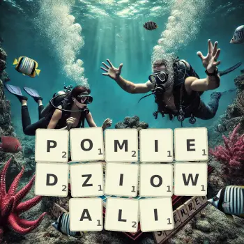Kreatywna ilustracja do gry w Scrabble ze słowem POMIEDZIOWALI ułożonym z płytek na planszy.