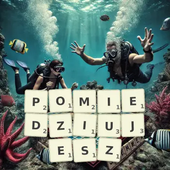 Kreatywna ilustracja do gry w Scrabble ze słowem POMIEDZIUJESZ ułożonym z płytek na planszy.