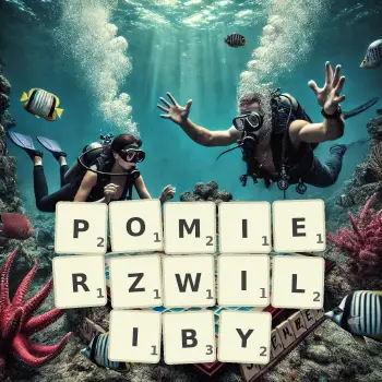 Kreatywna ilustracja do gry w Scrabble ze słowem POMIERZWILIBY ułożonym z płytek na planszy.