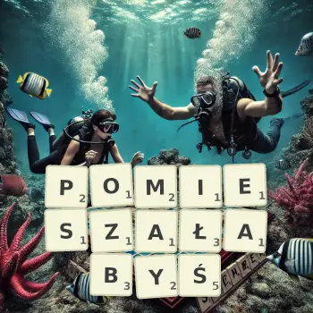 Kreatywna ilustracja do gry w Scrabble ze słowem POMIESZAŁABYŚ ułożonym z płytek na planszy.