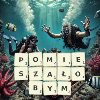 Kreatywna ilustracja do gry w Scrabble ze słowem POMIESZAŁOBYM ułożonym z płytek na planszy.