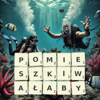 Kreatywna ilustracja do gry w Scrabble ze słowem POMIESZKIWAŁABY ułożonym z płytek na planszy.