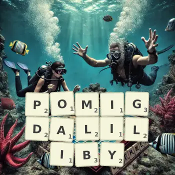 Kreatywna ilustracja do gry w Scrabble ze słowem POMIGDALILIBY ułożonym z płytek na planszy.