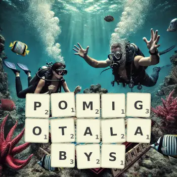 Kreatywna ilustracja do gry w Scrabble ze słowem POMIGOTALABYS ułożonym z płytek na planszy.
