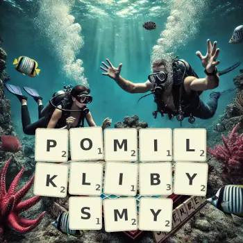 Kreatywna ilustracja do gry w Scrabble ze słowem POMILKLIBYSMY ułożonym z płytek na planszy.