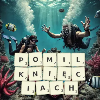 Kreatywna ilustracja do gry w Scrabble ze słowem POMILKNIĘCIACH ułożonym z płytek na planszy.