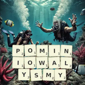 Kreatywna ilustracja do gry w Scrabble ze słowem POMINIOWALYSMY ułożonym z płytek na planszy.