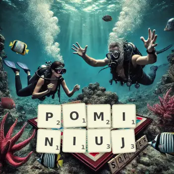 Kreatywna ilustracja do gry w Scrabble ze słowem POMINIUJ ułożonym z płytek na planszy.