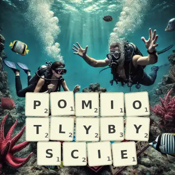 Kreatywna ilustracja do gry w Scrabble ze słowem POMIOTLYBYSCIE ułożonym z płytek na planszy.