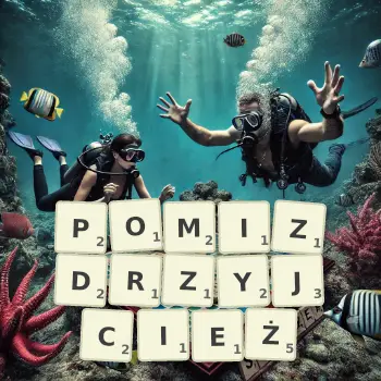 Kreatywna ilustracja do gry w Scrabble ze słowem POMIZDRZYJCIEŻ ułożonym z płytek na planszy.
