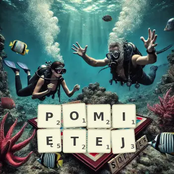 Kreatywna ilustracja do gry w Scrabble ze słowem POMIĘTEJ ułożonym z płytek na planszy.