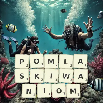 Kreatywna ilustracja do gry w Scrabble ze słowem POMLASKIWANIOM ułożonym z płytek na planszy.