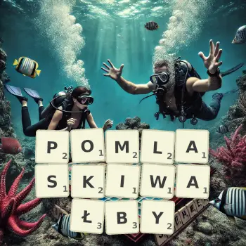 Kreatywna ilustracja do gry w Scrabble ze słowem POMLASKIWAŁBY ułożonym z płytek na planszy.