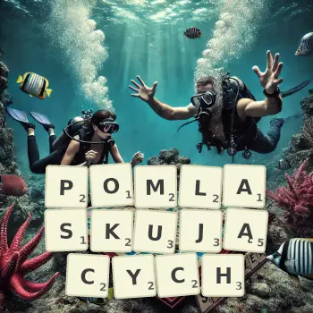 Kreatywna ilustracja do gry w Scrabble ze słowem POMLASKUJĄCYCH ułożonym z płytek na planszy.