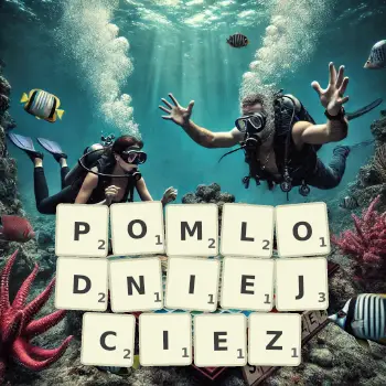 Kreatywna ilustracja do gry w Scrabble ze słowem POMLODNIEJCIEZ ułożonym z płytek na planszy.