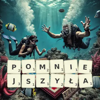 Kreatywna ilustracja do gry w Scrabble ze słowem POMNIEJSZYŁA ułożonym z płytek na planszy.