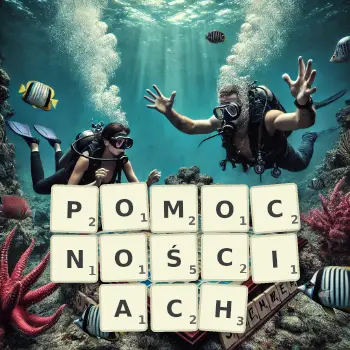 Kreatywna ilustracja do gry w Scrabble ze słowem POMOCNOŚCIACH ułożonym z płytek na planszy.