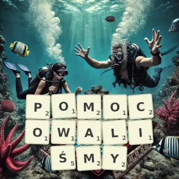 Kreatywna ilustracja do gry w Scrabble ze słowem POMOCOWALIŚMY ułożonym z płytek na planszy.