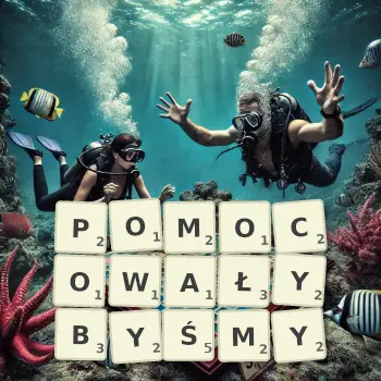 Kreatywna ilustracja do gry w Scrabble ze słowem POMOCOWAŁYBYŚMY ułożonym z płytek na planszy.