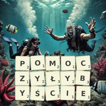 Kreatywna ilustracja do gry w Scrabble ze słowem POMOCZYŁYBYŚCIE ułożonym z płytek na planszy.