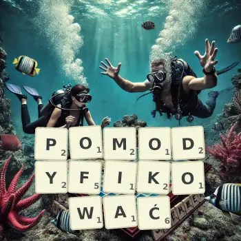 Kreatywna ilustracja do gry w Scrabble ze słowem POMODYFIKOWAĆ ułożonym z płytek na planszy.