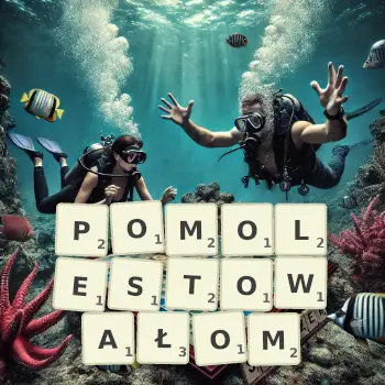 Kreatywna ilustracja do gry w Scrabble ze słowem POMOLESTOWAŁOM ułożonym z płytek na planszy.
