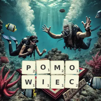 Kreatywna ilustracja do gry w Scrabble ze słowem POMOWIEC ułożonym z płytek na planszy.