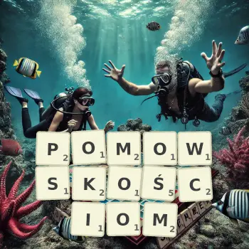 Kreatywna ilustracja do gry w Scrabble ze słowem POMOWSKOŚCIOM ułożonym z płytek na planszy.