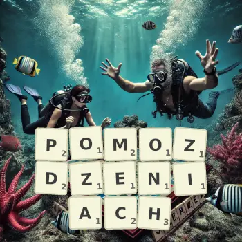 Kreatywna ilustracja do gry w Scrabble ze słowem POMOZDZENIACH ułożonym z płytek na planszy.