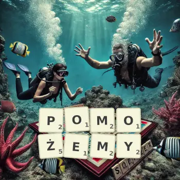 Kreatywna ilustracja do gry w Scrabble ze słowem POMOŻEMY ułożonym z płytek na planszy.