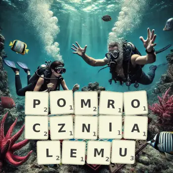 Kreatywna ilustracja do gry w Scrabble ze słowem POMROCZNIALEMU ułożonym z płytek na planszy.