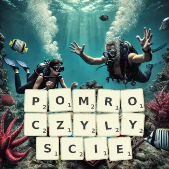 Kreatywna ilustracja do gry w Scrabble ze słowem POMROCZYLYSCIE ułożonym z płytek na planszy.