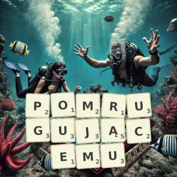 Kreatywna ilustracja do gry w Scrabble ze słowem POMRUGUJĄCEMU ułożonym z płytek na planszy.