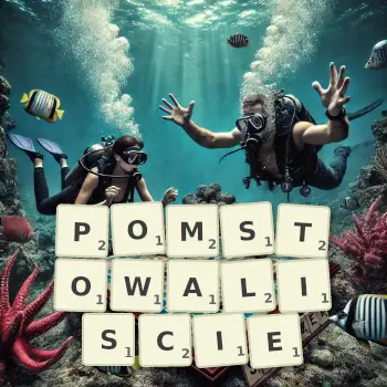 Kreatywna ilustracja do gry w Scrabble ze słowem POMSTOWALISCIE ułożonym z płytek na planszy.