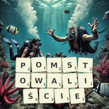 Kreatywna ilustracja do gry w Scrabble ze słowem POMSTOWALIŚCIE ułożonym z płytek na planszy.
