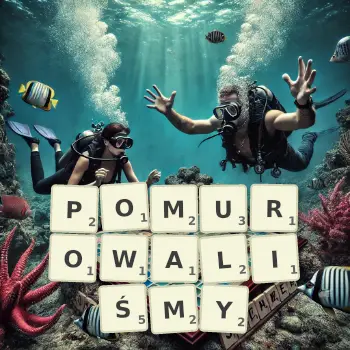 Kreatywna ilustracja do gry w Scrabble ze słowem POMUROWALIŚMY ułożonym z płytek na planszy.